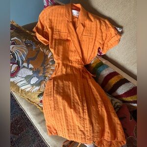 By Anthropologie Bright Orange Linen Wrap Dress XXS